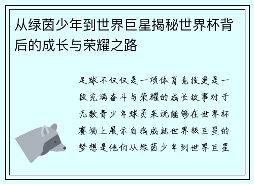 从绿茵少年到世界巨星揭秘世界杯背后的成长与荣耀之路